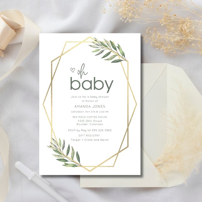 Oh Baby Greenery och Guld Baby Shower Inbjudningar (Oh Baby Greenery and Gold Baby Shower Invitation)