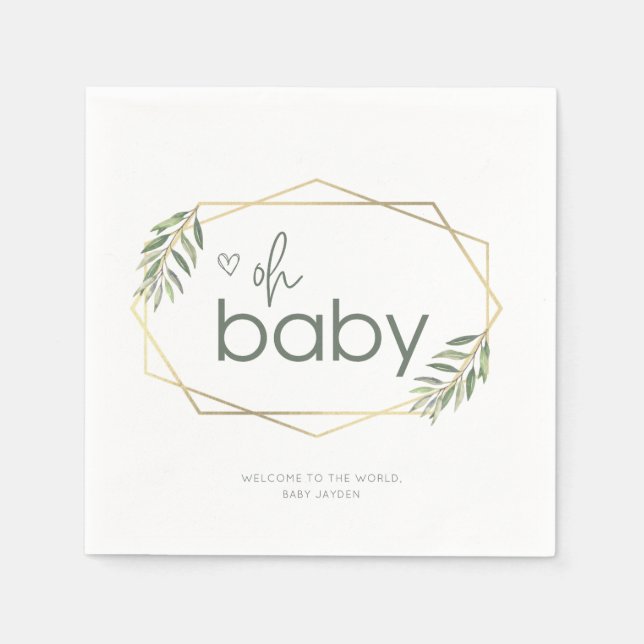 Oh Baby Greenery och Guld Baby Shower Pappersservett (Framsidan)