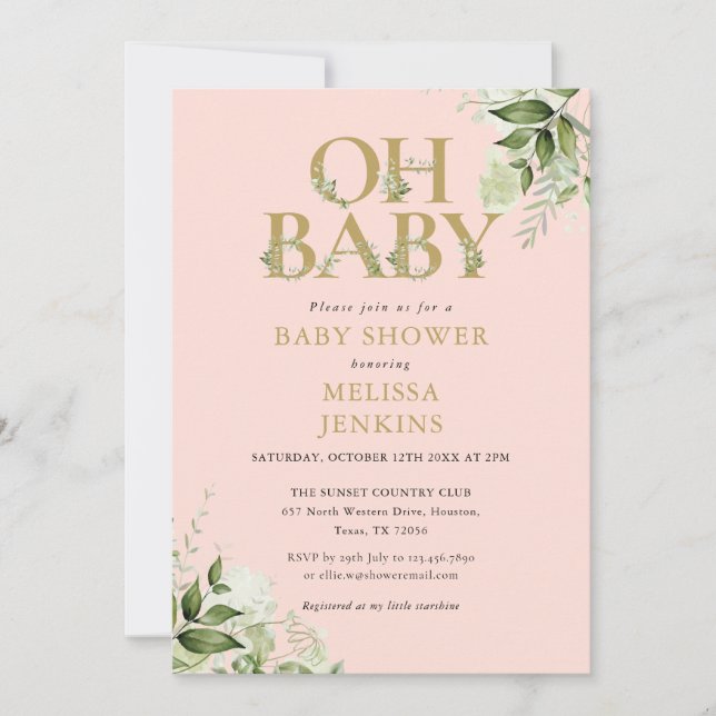 Oh Baby Greenery  Rosa Guld Baby Shower Inbjudningar (Framsida)