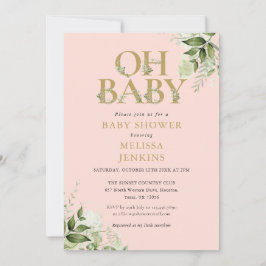 Oh Baby Greenery  Rosa Guld Baby Shower Inbjudningar