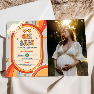 Oh Baby Groovy Retro Rainbow Baby Shower Photo Inbjudningar