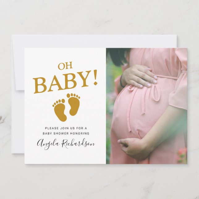 Oh Baby Guld Anpassningsbar Photo Baby Shower Inbjudningar (Framsida)