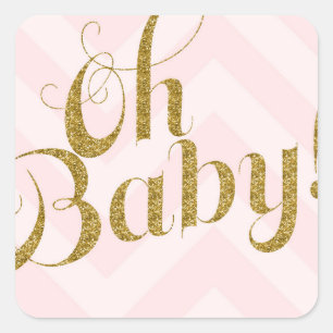 Oh Baby - Guld glitter Rosa Chevron Favor Sticker Fyrkantigt Klistermärke