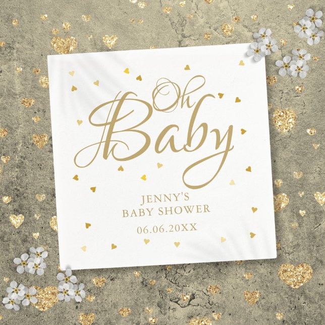 Oh Baby Guld Hearts Confetti Baby Shower Sprinkle Pappersservett (Oh Baby Gold Hearts Confetti Baby Shower Sprinkle Napkins)