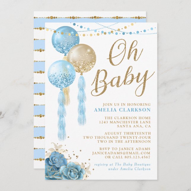 Oh Baby Guld och Blue Balloons Baby Shower-inbjuda Inbjudningar (Fram/baksida)