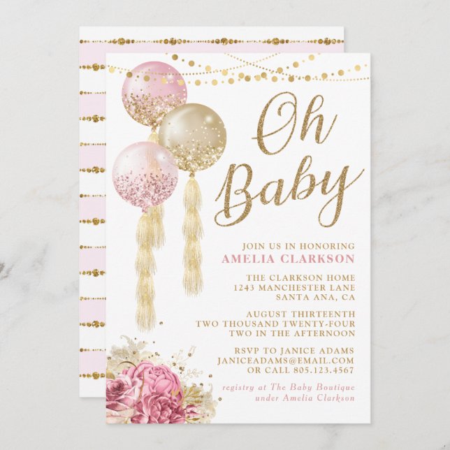 Oh Baby Guld & Rosa Balloons Baby Shower Inbjudningar (Fram/baksida)