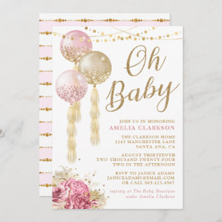 Oh Baby Guld & Rosa Balloons Baby Shower Inbjudningar