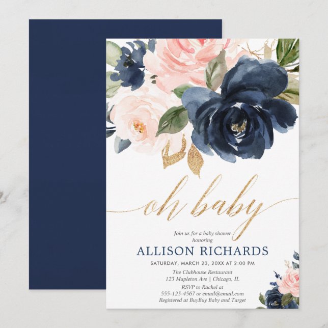 Oh baby guld rosa blommigt navy Girl Baby dusch Inbjudningar (Fram/baksida)