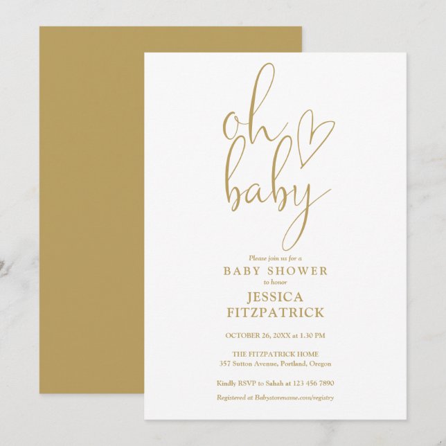 Oh Baby Guld Script Heart Baby Shower Inbjudningar (Fram/baksida)