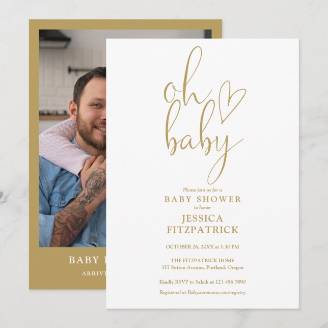 Oh Baby Guld Script Heart Photo Baby Shower Inbjudningar (Fram/baksida)