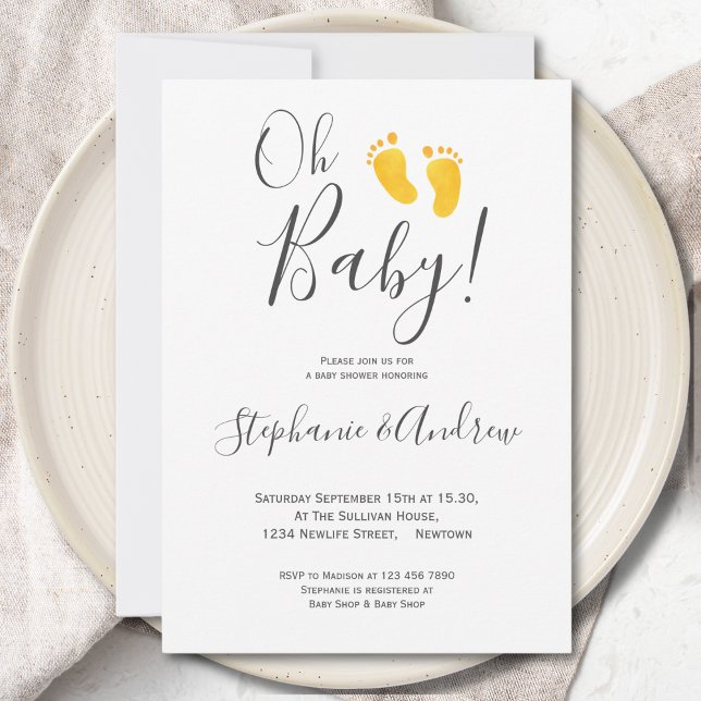 Oh Baby Gult Baby Feet Par Baby Shower Inbjudningar (Skapare uppladdad)