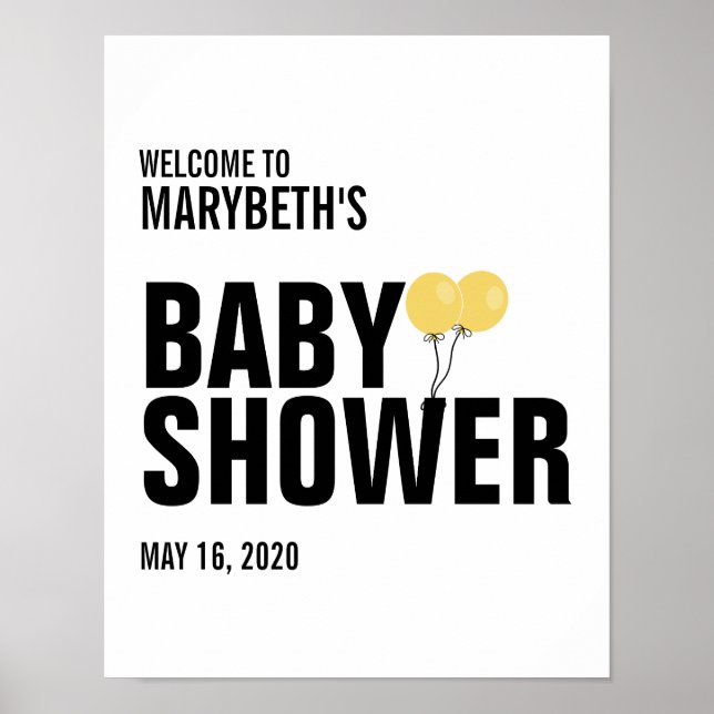 Oh Baby Gult Balloon Baby Shower Välkomstskylt Poster (Framsidan)