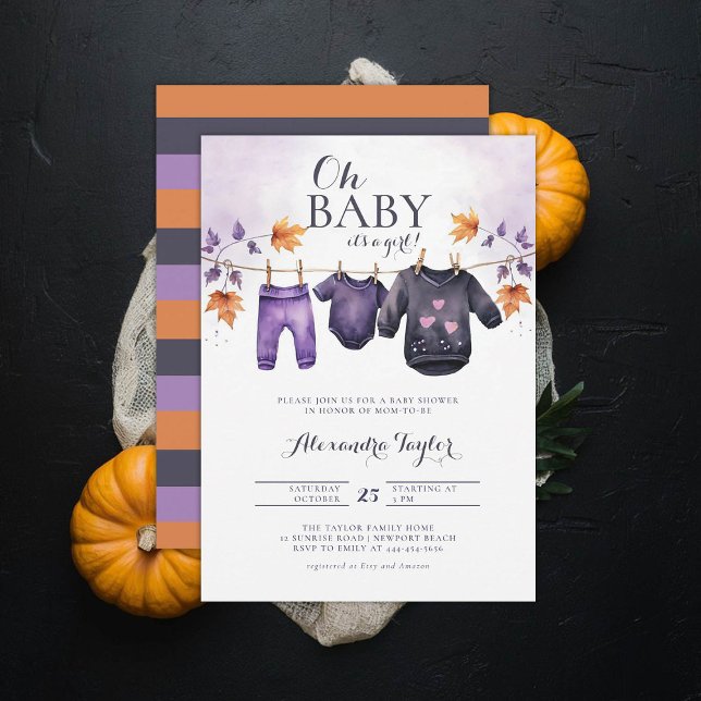 Oh Baby Halloween Fall oktober Clothes Girl Shower Inbjudningar (october baby shower ideas clothesline invitation halloween novermber fall leaves purple black)
