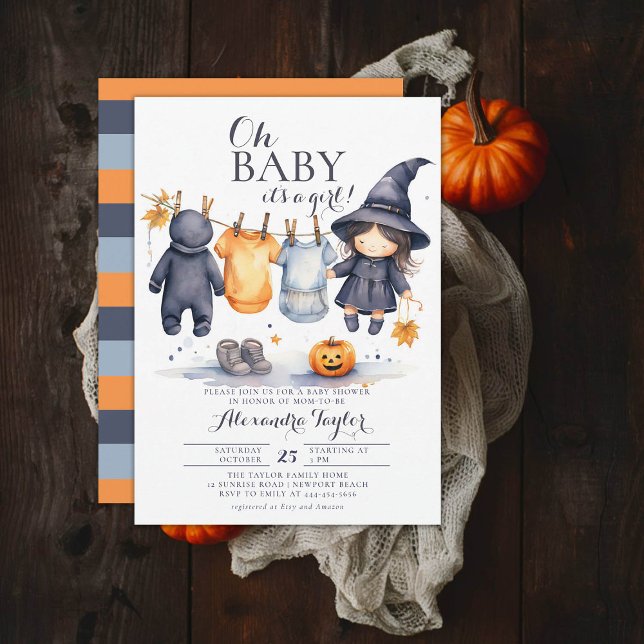 Oh Baby Halloween Fall oktoberstugan Inbjudningar (october baby shower ideas clothes line invitation halloween novermber fall leaves cute witch)