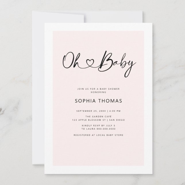 Oh Baby Heart-teckensnittet minimum Soft Rosa Baby Inbjudningar (Framsida)
