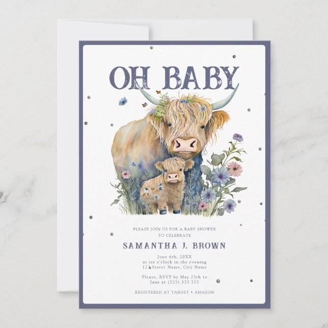 Oh Baby Highland Cow Elegant Baby Shower Inbjudningar (Framsida)