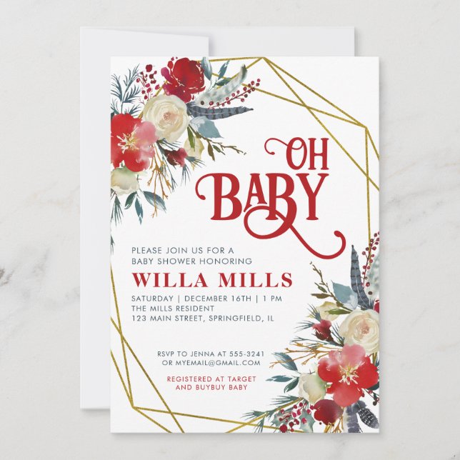 Oh Baby jul Red Greenery Guld Baby Shower Inbjudningar (Framsida)