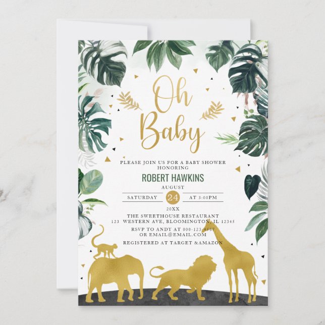  Oh Baby Jungle Guld Safari Animals Baby Shower Inbjudningar (Framsida)