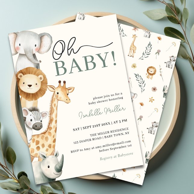 Oh Baby Jungle Safari Baby Shower-inbjudan Inbjudningar (Oh Baby Jungle Safari Baby Shower Invitation Front & Back)
