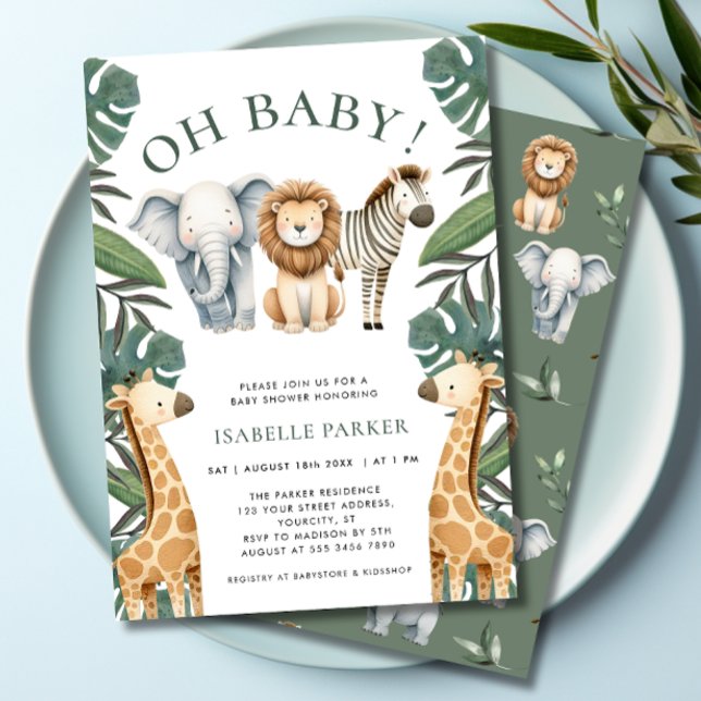 Oh Baby Jungle Safari Baby Shower-inbjudan Inbjudningar (Oh Baby Jungle Safari Baby Shower Invitation- front & back)