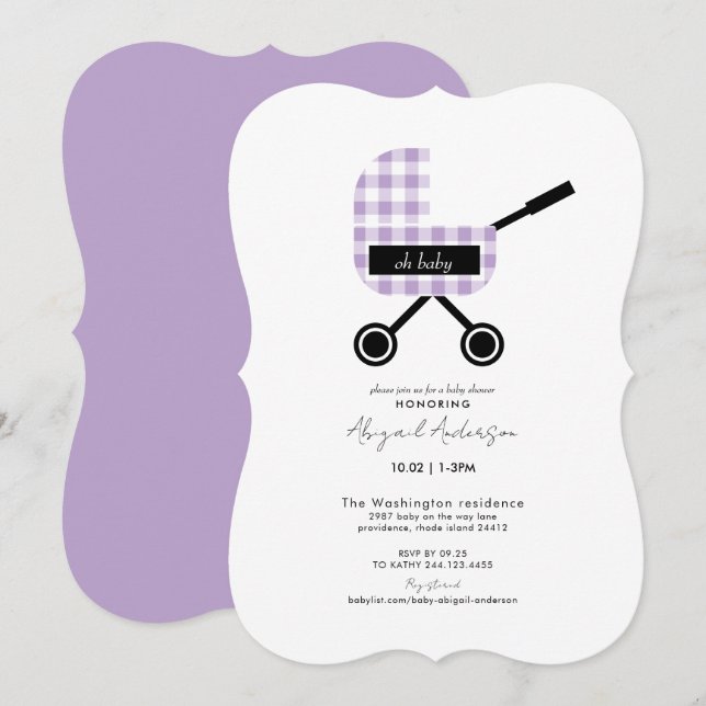 Oh Baby Lavender Gingham Pram Baby Shower Bracket Inbjudningar (Fram/baksida)