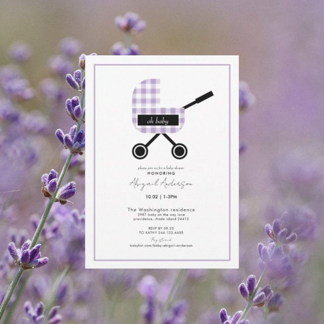 Oh Baby Lavender Gingham Pram Baby Shower Inbjudningar (Skapare uppladdad)