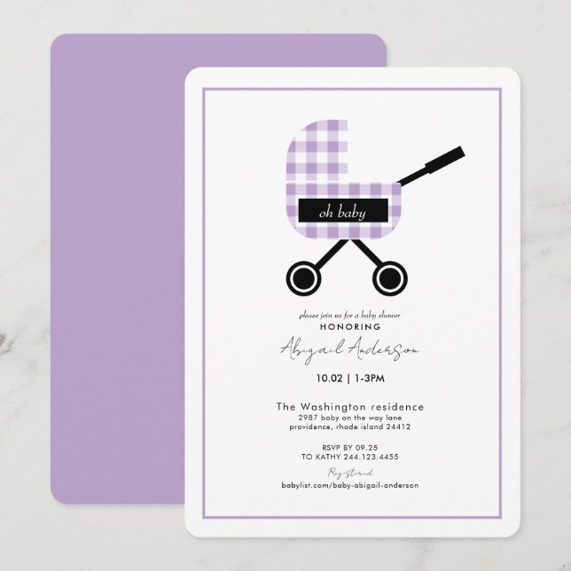 Oh Baby Lavender Gingham Pram Baby Shower Round Inbjudningar (Fram/baksida)