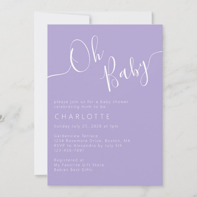 Oh Baby Lavender Lila Gender Neutral Baby Shower Inbjudningar (Framsida)