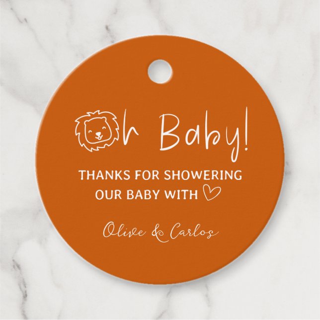 Oh Baby Lejon och Heart Tack Baby Shower Gåvor Etiketter (Framsida)