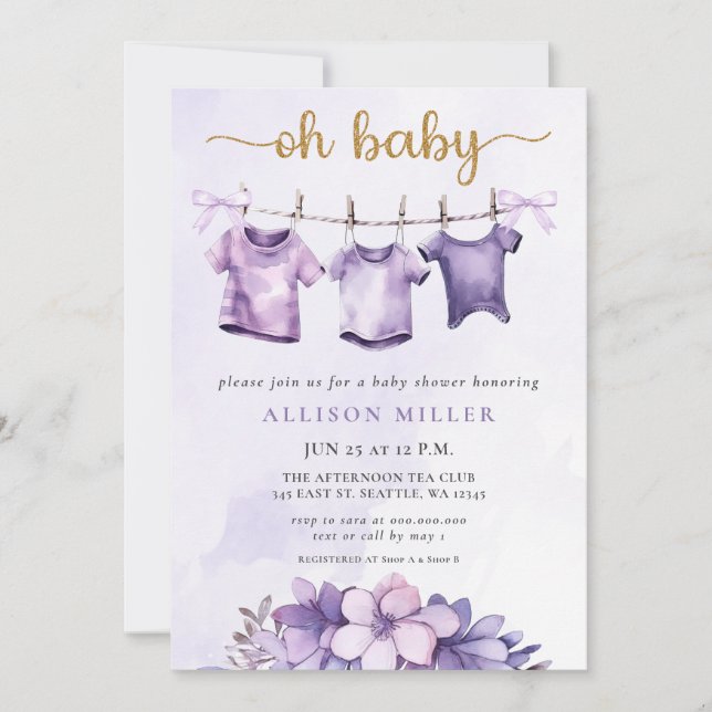 Oh Baby Lila Baby Clothesline Girl Baby Shower Inbjudningar (Framsida)