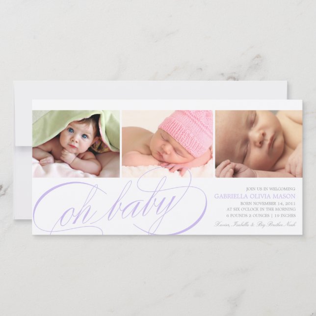 Oh Baby | Lila Script Birth Notice Meddelande (Framsida)