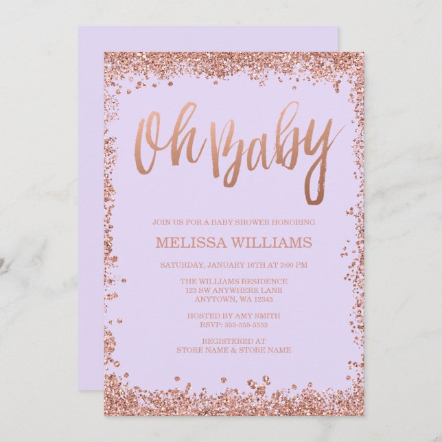 Oh Baby Lilac Faux Ro Guld Glitter Baby Shower Inbjudningar (Fram/baksida)