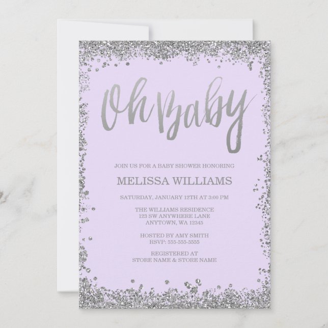 Oh Baby Lilac Lila Silver Glitter Baby Shower Inbjudningar (Framsida)