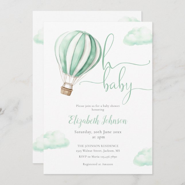 Oh Baby Luftballong Neutralt Baby Shower Inbjudningar (Fram/baksida)