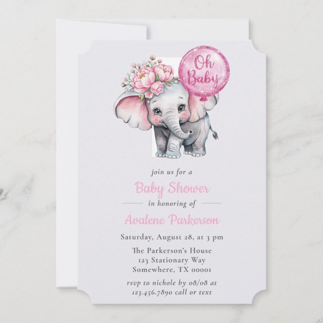Oh Baby målade Elephant Blommigt Girl Baby Shower Inbjudningar (Framsida)