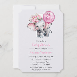 Oh Baby målade Elephant Blommigt Girl Baby Shower Inbjudningar
