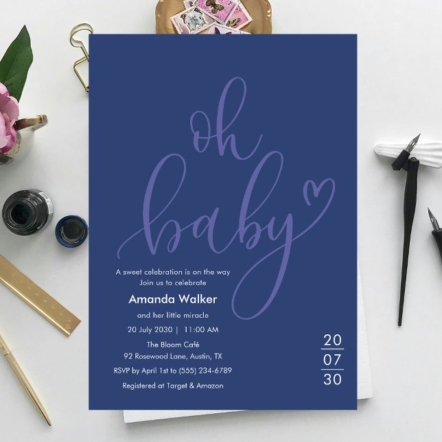Oh Baby! Minimal Typography Blue Baby Shower  Inbjudningar (Oh Baby! Minimal Elegant Blue Script Baby Shower Invitation)