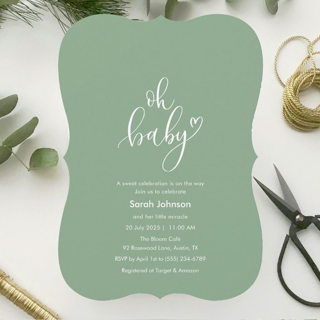Oh Baby! Minimal Typography Sage Green Baby Shower Inbjudningar (Oh Baby! Minimal Typography Sage Green Baby Shower Invitation)