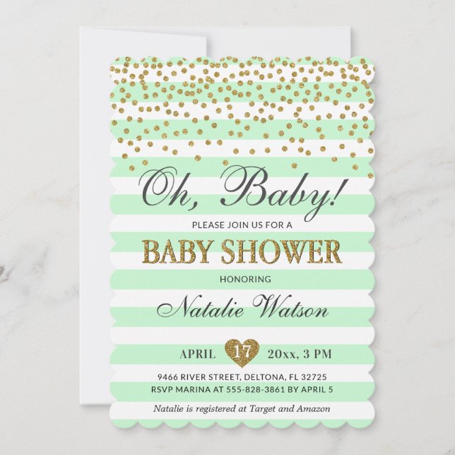 Oh Baby Mint Grönt Guld Gender Neutral Baby Shower Inbjudningar (Framsida)