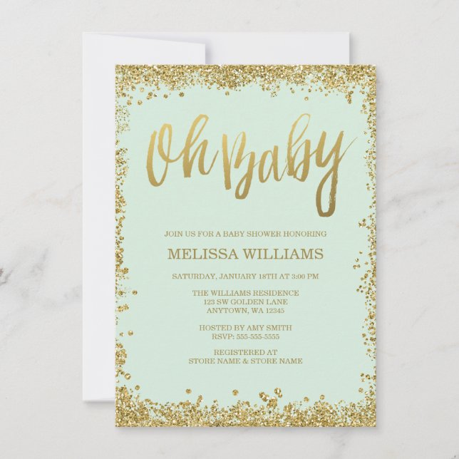 Oh Baby Mint Guld Glitter Baby Shower Inbjudningar (Framsida)