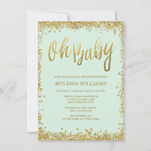 Oh Baby Mint Guld Glitter Baby Shower Inbjudningar