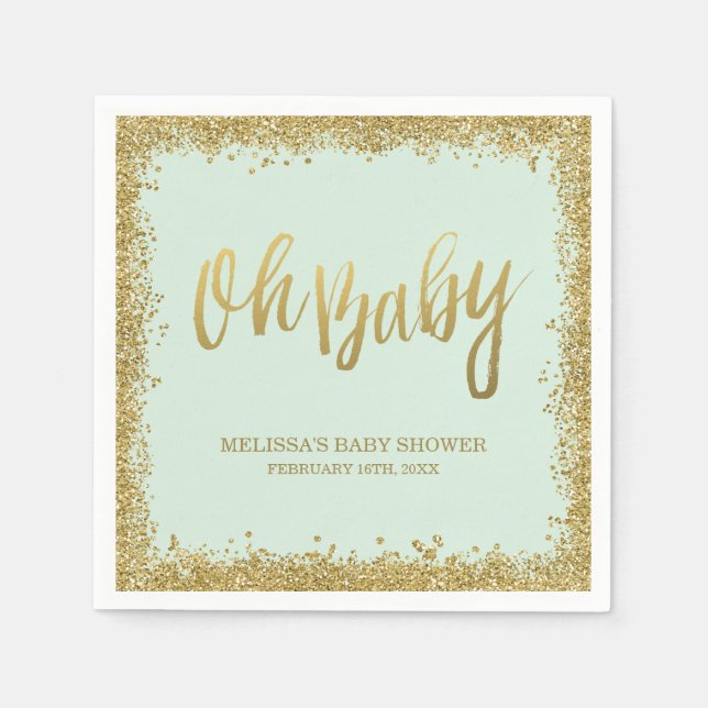Oh Baby Mint Guld Glitter Baby Shower Pappersservett (Framsidan)