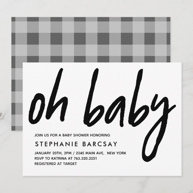 Oh Baby Modern Baby Shower Grått Gingham Inbjudningar (Fram/baksida)
