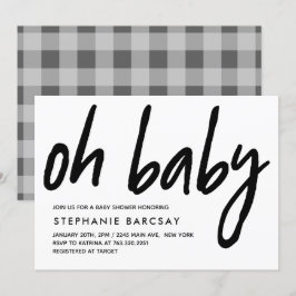 Oh Baby Modern Baby Shower Grått Gingham Inbjudningar