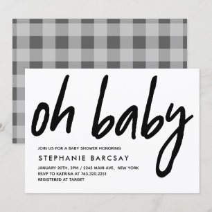 Oh Baby Modern Baby Shower Grått Gingham Inbjudningar