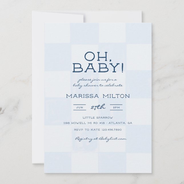 Oh Baby Modern Blå Rutig Barnkalas Inbjudningar (Framsida)