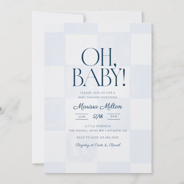 Oh Baby Modern Blue Checkered Baby Shower Inbjudningar (Framsida)
