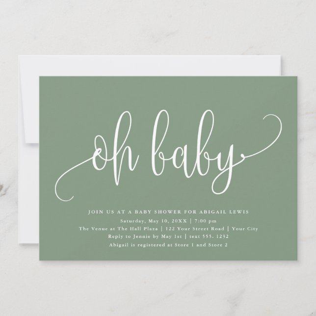 Oh Baby Modern Calligraphy Sage Grönt Baby Shower Inbjudningar (Framsida)