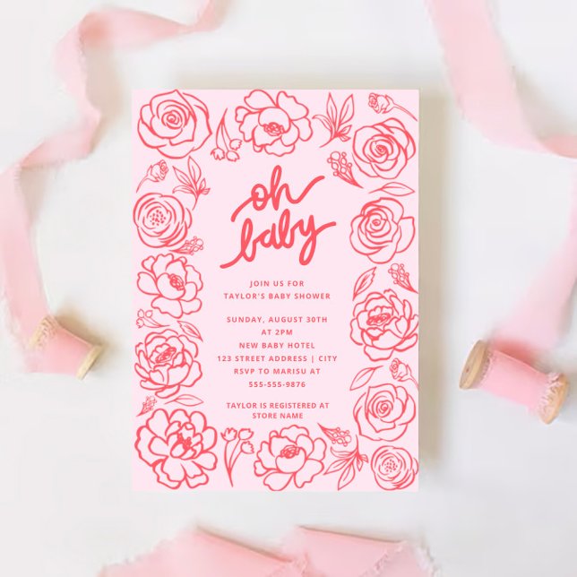 Oh Baby Modern Flowers  Rosa Baby Shower Inbjudningar (Skapare uppladdad)