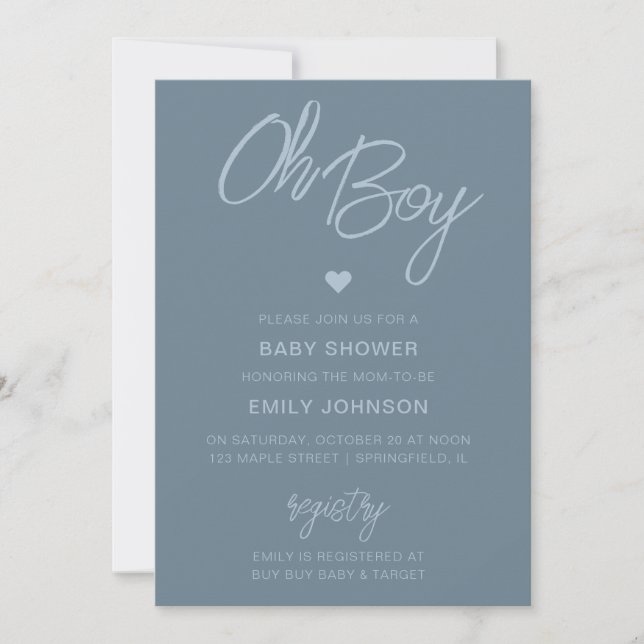 Oh Baby Modern Minimal Dusty Blue Boy Shower Inbjudningar (Framsida)